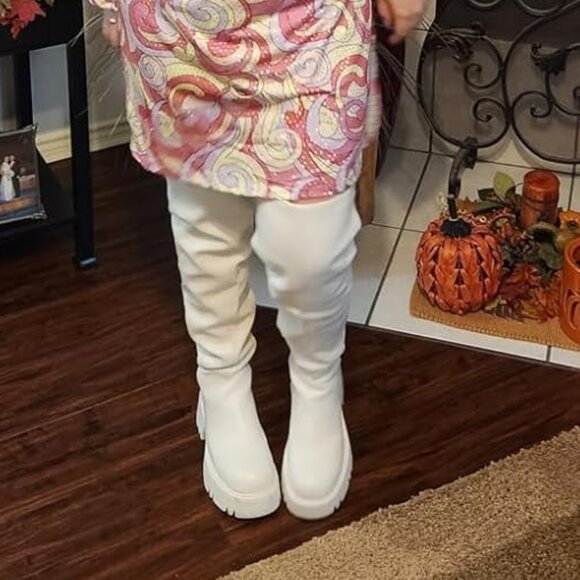 🆕Women's White-pu Faux Leather Over The Knee Lug Sole Round Toe Thigh High Boot - Picture 4 of 11